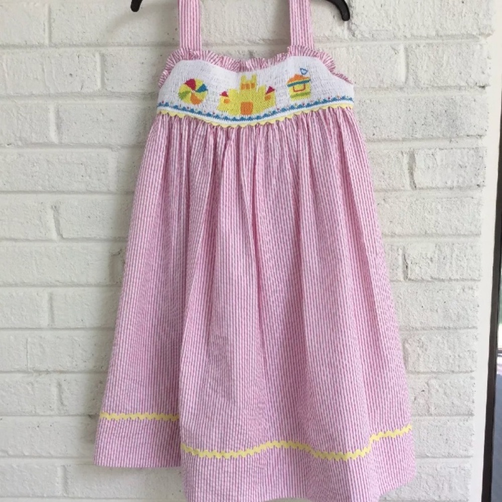 Girl boutique pink seersucker smocked dress 6t NEW